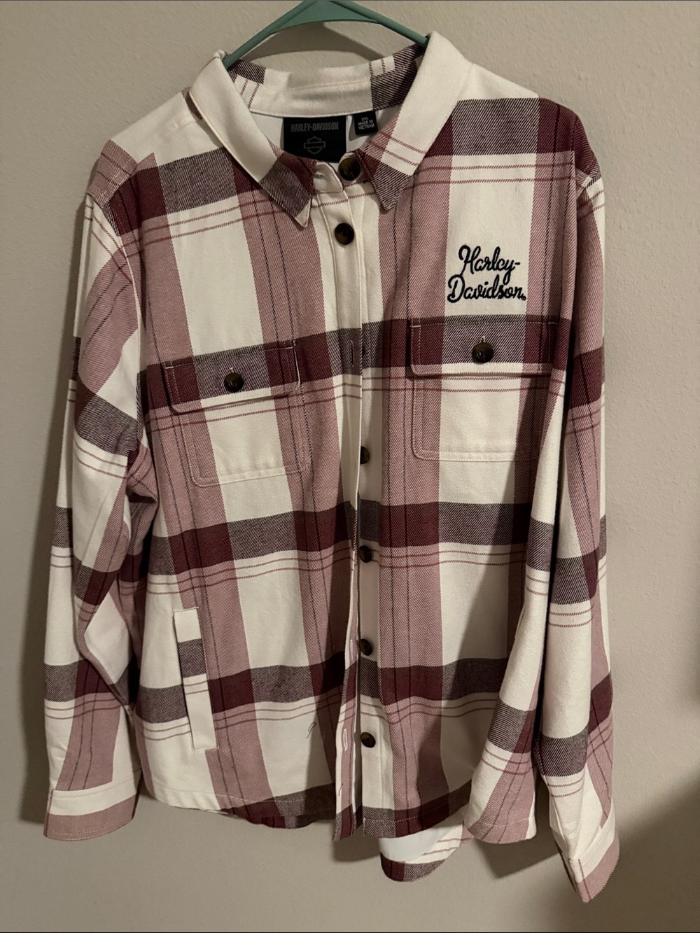 Harley-Davidson Plaid Button-Down Shirt Jacket in White and Maroon